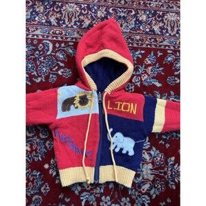 Vintage Baby 12 Month Knit Sweater Animals Zoo Reversible Colorblock Embroidered
